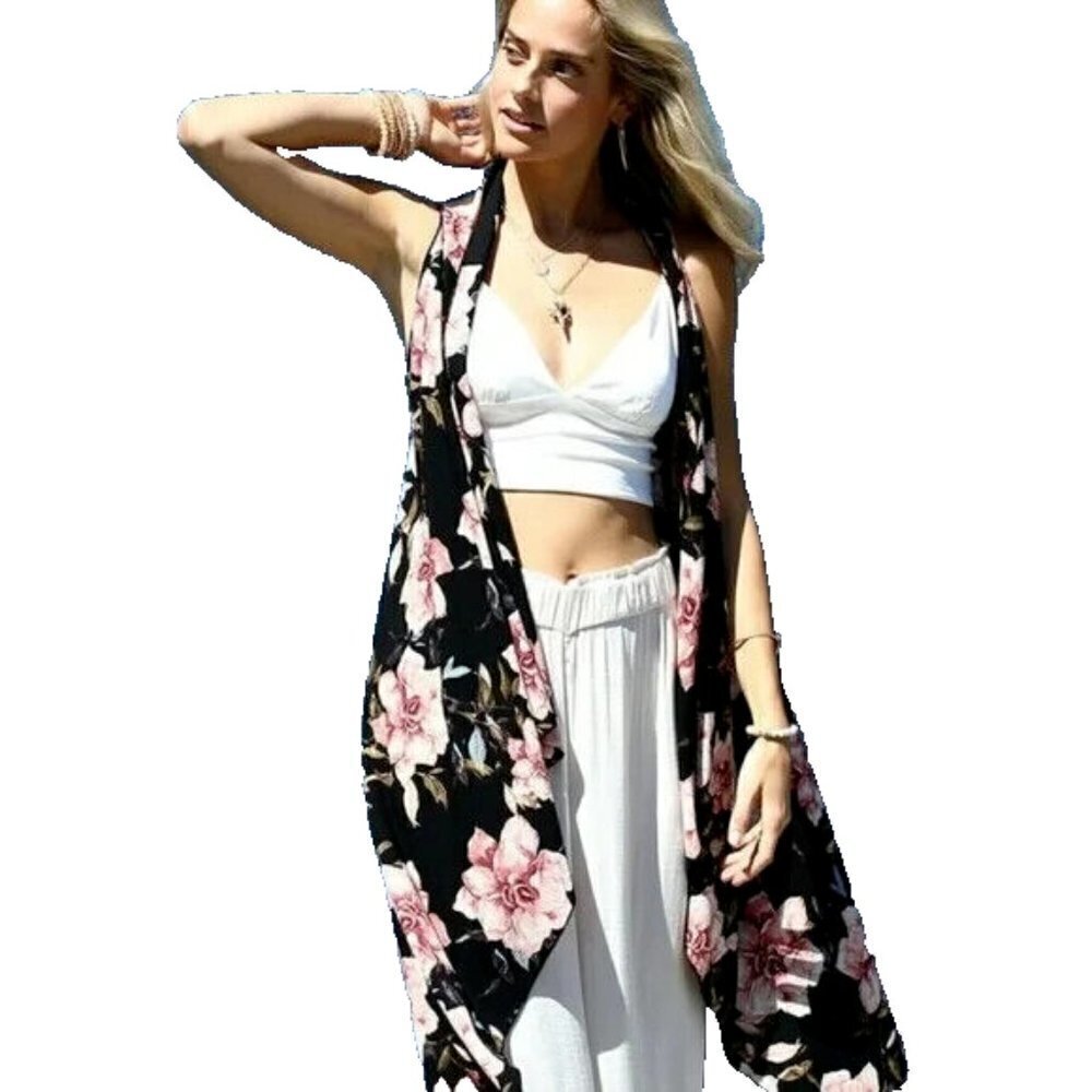 Ruggine Black Floral Print Kimono Vest or Duster
